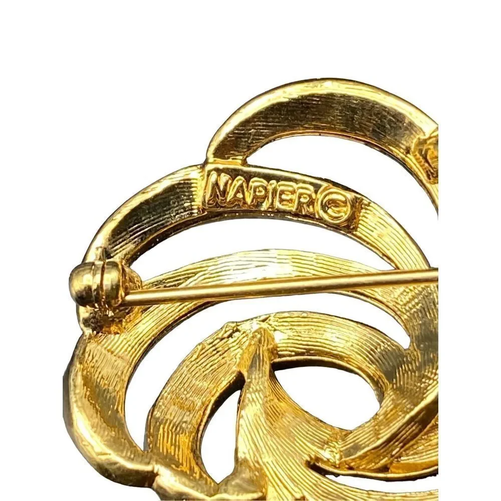 Vintage Napier Gold Tone Small Swirl Pin with matching screw back earring marked